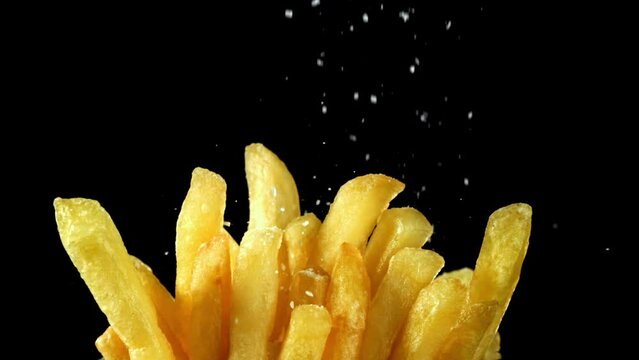 Super slow motion french fries. High quality FullHD footage