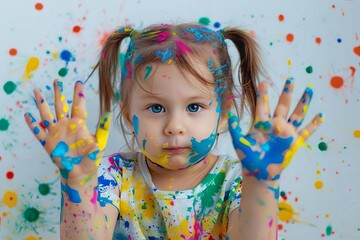 Adorable little girl with colorful paint splatters, creative messy play portrait illustration