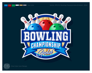 Naklejka premium Bowling Championship logo. Bowling emblem. Bowling balls and skittles in the circle with ribbon. Identity and app icon.