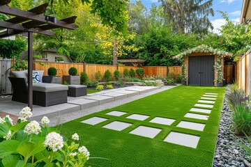 Backyard garden design with artificial grass, paved patio, plants, fences, and wooden shed - obrazy, fototapety, plakaty