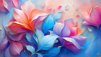 Fototapeta na wymiar A Brush with Impressionism: 3D Abstract Oil Painting - Light Rose and Blue Petals