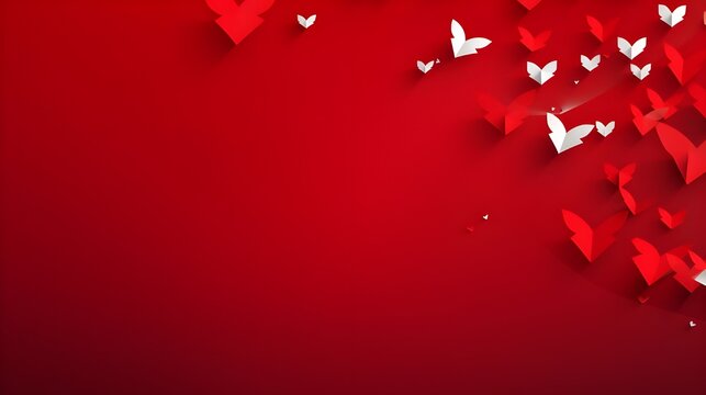 Red background with white hearts in origami style, Generative AI
