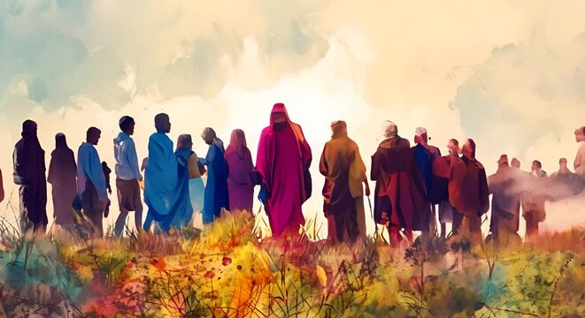 Resurrection of Jesus: Jesus appears to his followers. Life of Jesus. Digital watercolor painting. 