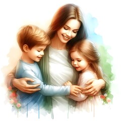 Mother with wo children Digital watercolor painting beautiful illustration pic