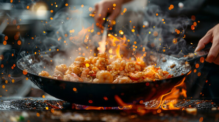 Chef hands keep wok with fire. Closeup chef hands cook food with fire. Chef man burn food at professional kitchen.