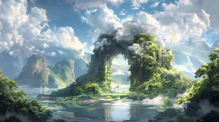 Poster A fantasy landscape with an archway leading to another world, surrounded by lush greenery and towering mountains © PixelStock