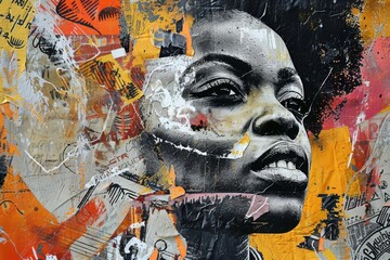 Graffiti collage of African woman with fighting spirit, mixed media illustration