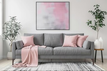 Grey sofa with pink pillows and blanket against white wall, abstract art poster, modern living room interior design, 3D rendering