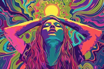 Hippie woman in ecstatic trance, psychedelic illustration of intense spiritual awakening and divine grace