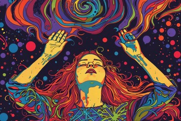 Hippie woman in ecstatic trance, psychedelic illustration of intense spiritual awakening and divine grace - obrazy, fototapety, plakaty
