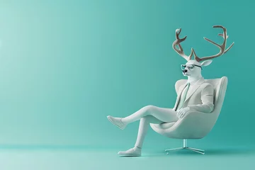 Rolgordijnen Hipster reindeer businessman relaxing in armchair, trendy pastel teal background, 3D render © furyon