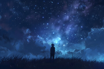 A person standing on the horizon, gazing at the stars in the sky
