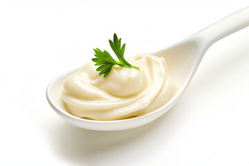Homemade mayonnaise sauce decorated served on wooden spoon, white background isolated.