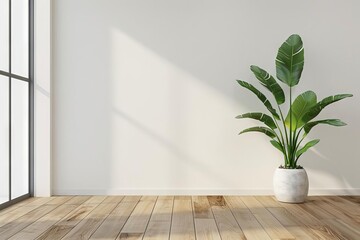 Minimalist White Wall Mockup with Plant and Wood Floor, Interior Design Concept, 3D Rendering