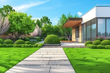 Modern house front yard with green grass lawn and wooden edging, contemporary landscape design illustration - obrazy, fototapety, plakaty