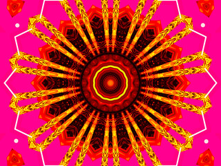 Abstract, vibrant shades of pink and orange dominate the symmetrical design, which radiates from a central point, 3d, within a border