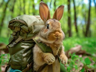 Bunny in a backpacker's gear, gentle forest setting, eye-level, curious explorer.
