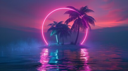 Fototapeta na wymiar beautiful island with a retro style neon circle with a big lake and a sunset