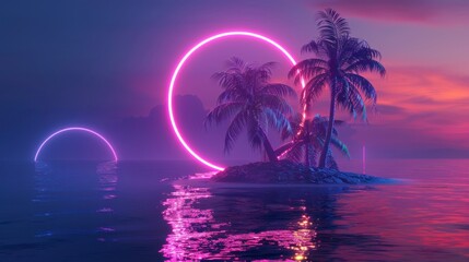 Fototapeta na wymiar beautiful island with a retro style neon circle with a large lake and a sunset in high resolution and high quality