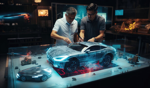 Engineers Collaborating on Futuristic Car Design