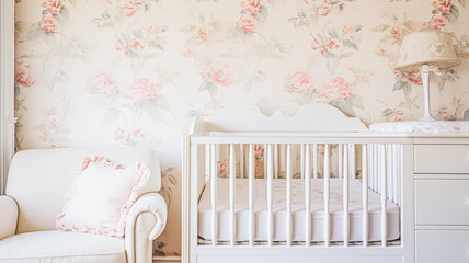 Fototapeta na wymiar Baby room decor and interior design inspiration in the English countryside style cottage