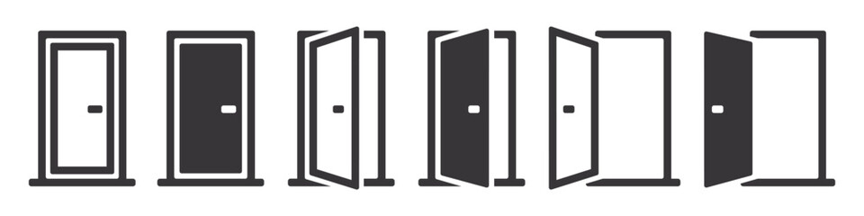 Set of doors icons. Opened and closed door silhouette. Interior or office doors. Vector.