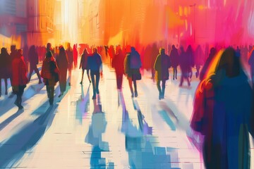 Crowded public place with blurred motion of people walking, urban city life abstract illustration - obrazy, fototapety, plakaty
