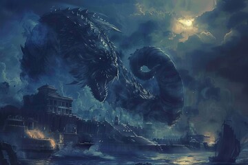 Darkness in Babylon with Beast from the Sea, Book of Revelation Concept Art, Digital Illustration - obrazy, fototapety, plakaty