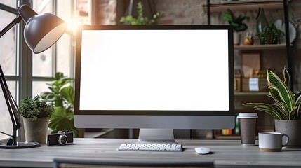 A blank computer monitor in a cozy office setup, soft tones, fine details, high resolution, high detail, 32K Ultra HD, copyspace