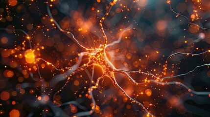 A close-up representation of neuron network activity with fiery connections, soft tones, fine details, high resolution, high detail, 32K Ultra HD, copyspace