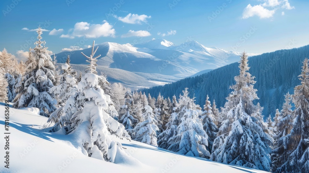 Poster snowy trees in the mountains under a blue sky