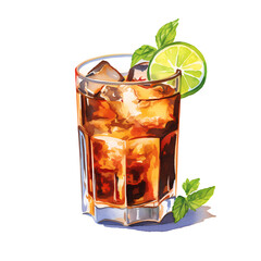 Watercolor illustration of a Cuba Libre cocktail with lime and mint