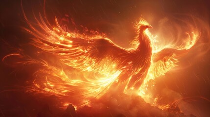 Artistic rendition of a fiery phoenix rising, symbolic of rebirth and power, soft tones, fine details, high resolution, high detail, 32K Ultra HD, copyspace