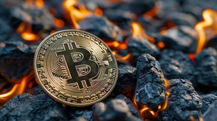 A golden Bitcoin coin placed on fiery coal, symbolizing value, energy, and the heated cryptocurrency market