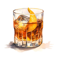 Watercolor illustration of an Old Fashioned cocktail with ice and orange peel