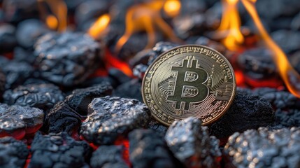 Bitcoin tokens on burning coals representing cryptocurrency risks, soft tones, fine details, high resolution, high detail, 32K Ultra HD, copyspace - obrazy, fototapety, plakaty