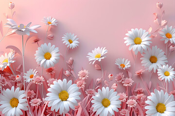 Cartoon 3D spring daisies on pink background, perfect for Mother's Day greetings and spring concept designs.