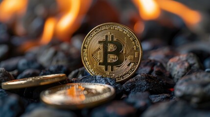 Bitcoin tokens on burning coals representing cryptocurrency risks, soft tones, fine details, high resolution, high detail, 32K Ultra HD, copyspace