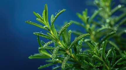 Close-up of fresh rosemary with dew drops against a deep blue backdrop, soft tones, fine details, high resolution, high detail, 32K Ultra HD, copyspace