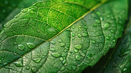 Close-up of a fresh green leaf with intricate veins and sparkling raindrops