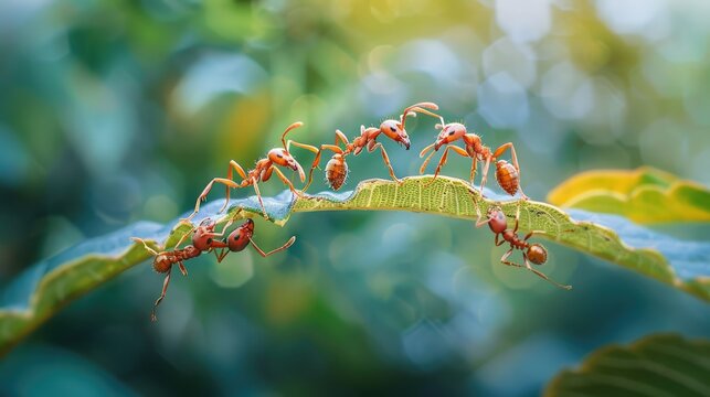 Ants forming a bridge with leaves, painted in watercolor, soft tones, fine details, high resolution, high detail, 32K Ultra HD, copyspace