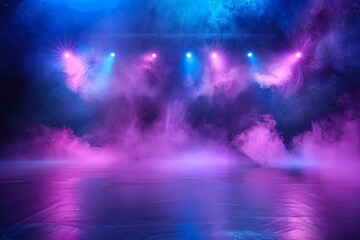 Fototapeta na wymiar Empty stage with blue and purple lighting and smoke, vector illustration