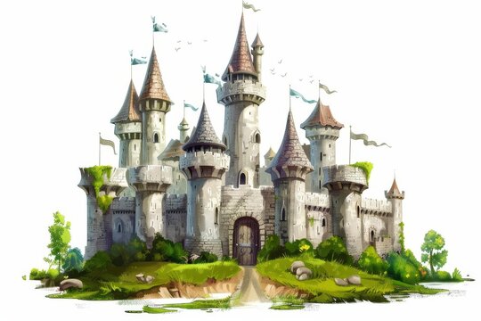 Fairytale medieval castle isolated on white background, digital painting