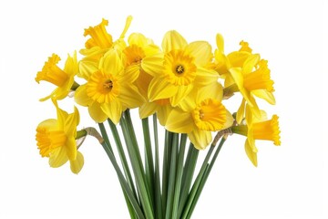 Vibrant Yellow Daffodil Flowers Bouquet, Spring Blooms Isolated on White Background