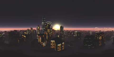 Night city, Cityscape, Environment map. HDRI map. Equirectangular projection. Spherical panorama., 3D rendering - 781654077