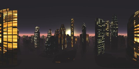 Night city, Cityscape, Environment map. HDRI map. Equirectangular projection. Spherical panorama., 3D rendering