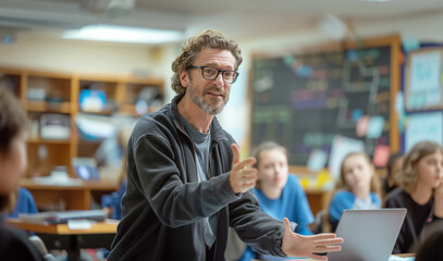 A confident young man wearing glasses delivering a presentation or lecture in a classroom setting, gesturing with his hands. Engaging and dynamic public speaking captured in an educational environment