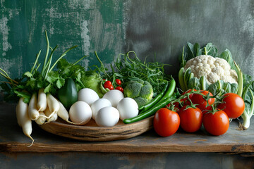 Fresh vegetables and eggs arranged on a rustic wooden table with a vibrant green wall background