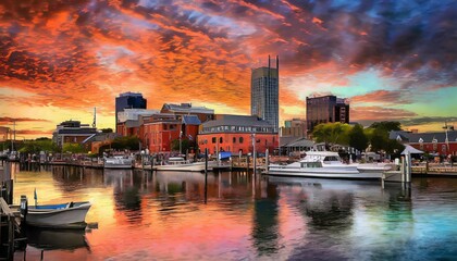 view of hampton virginia downtown waterfront district seen at sunset under colorful sky - obrazy, fototapety, plakaty