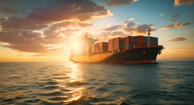 A large container ship sailing across the ocean at evening sunset with cargo ships for import and export logistics and world trade.